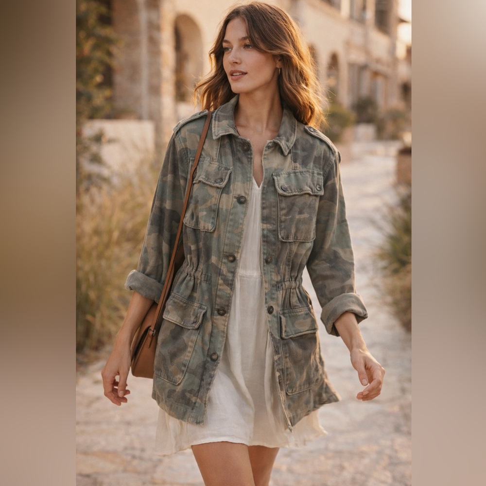 Free People Camo Utility Jacket NWT Military Style Cotton Canvas Size L